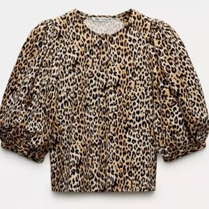 Zara Animal Print Puff Sleeve Top - Brown/Cream